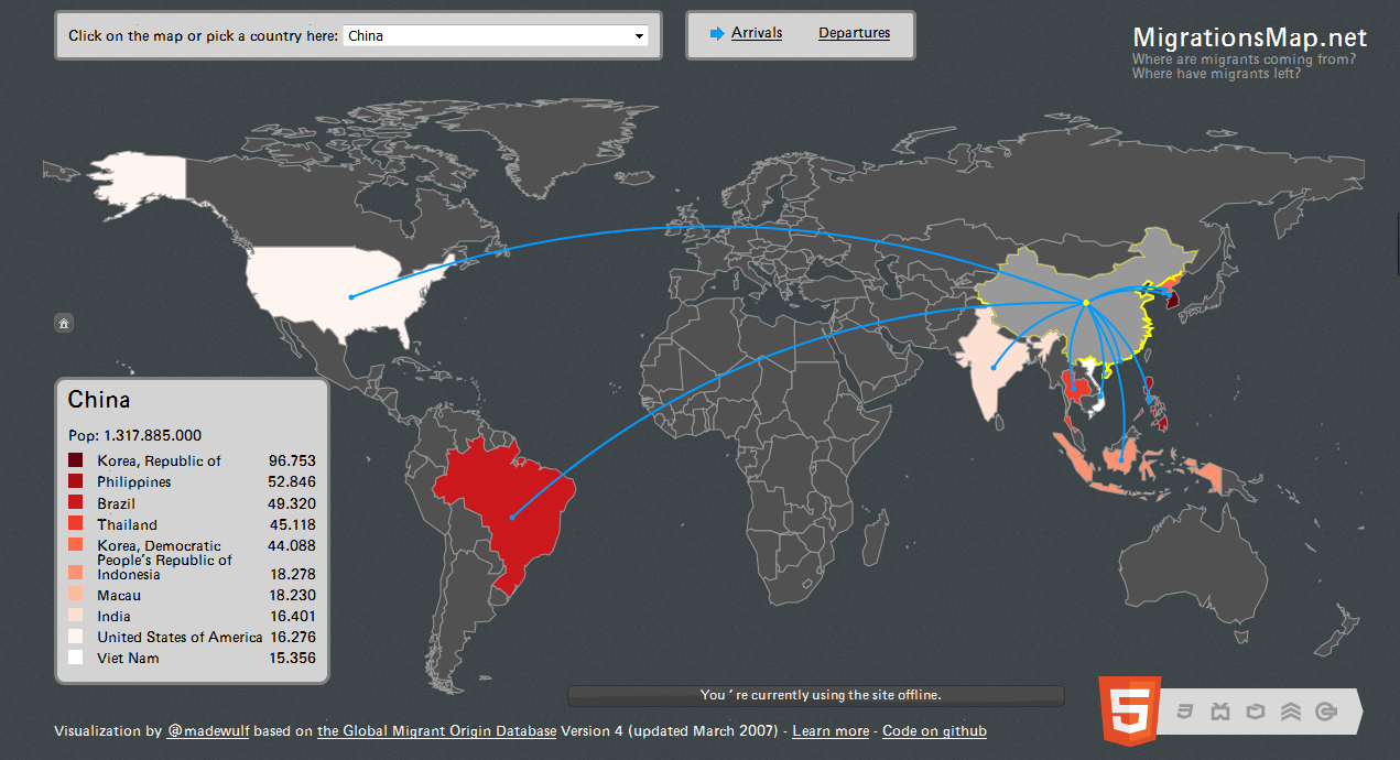 全球移民交互地图，中国轮廓不完整!